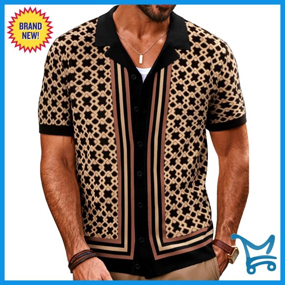 Vintage Cuban Collar Knit Polo Shirt Button Down Short Sleeve Mens